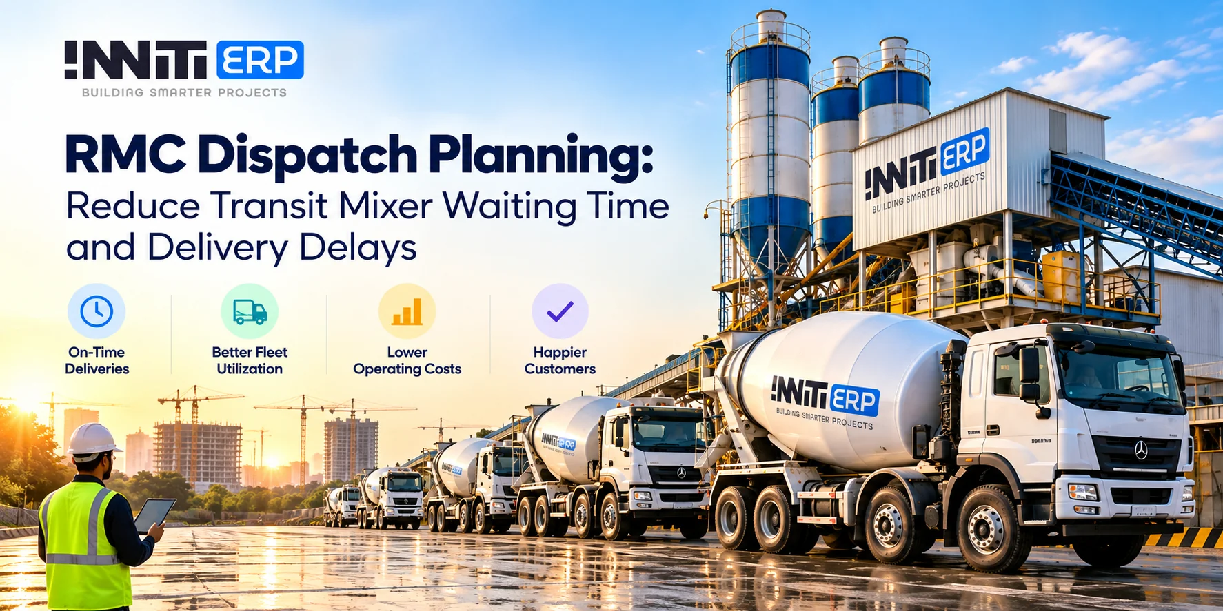 Transit mixers preparing for dispatch at a ready mix concrete batching plant