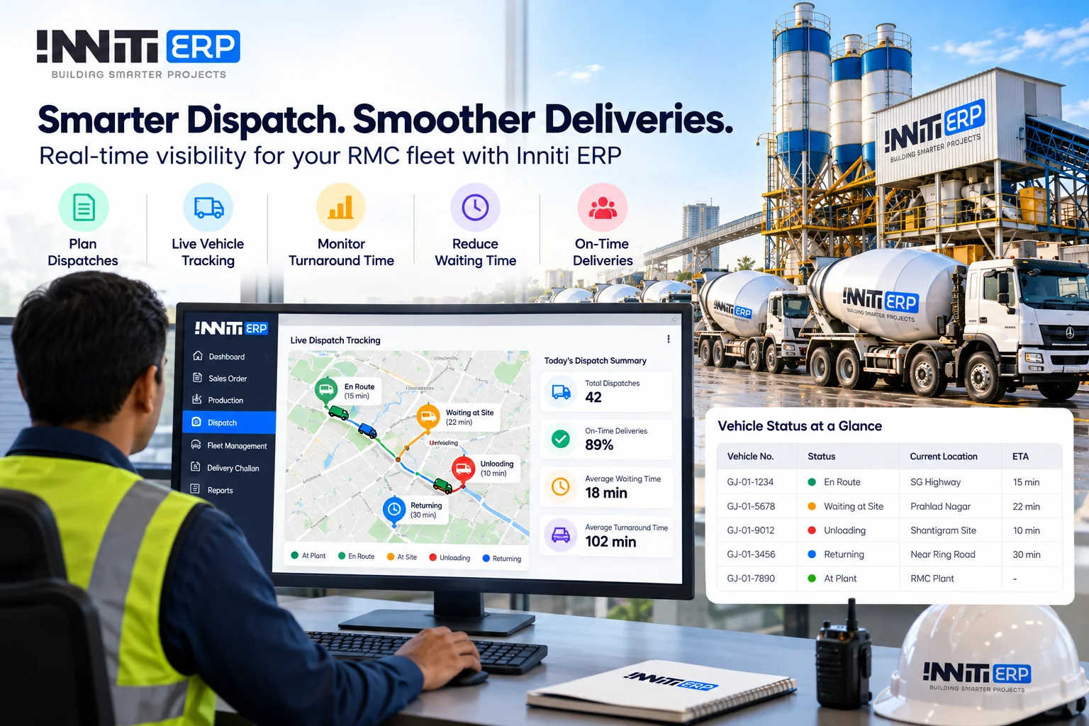 RMC dispatcher monitoring transit mixer status, site waiting time and turnaround time on a dispatch tracking dashboard